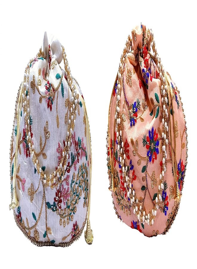 athizay حقيبة بوتلي من أثيزاي (عبوة من قطعتين) باللونين الأبيض والخوخي، حقائب يد متعددة الألوان من ماتكا للنساء، مثالية لحفلات الزفاف وهدايا التوزيع. - Image 1